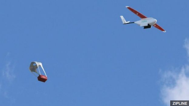 A Zipline drone releasing a package mid-flight