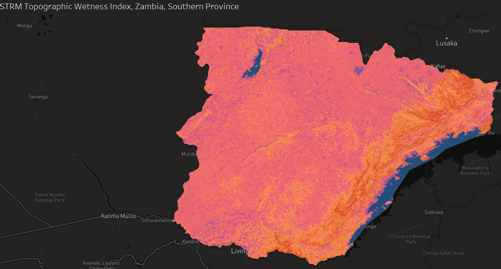 Mapping wetness in Zambia. This is a render of 27 million marks, red=dry, blue =wet