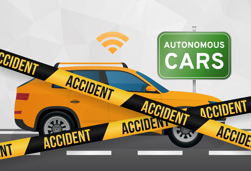 Autonomous car accident,  risk of self-driving car, robotic car vector illustration