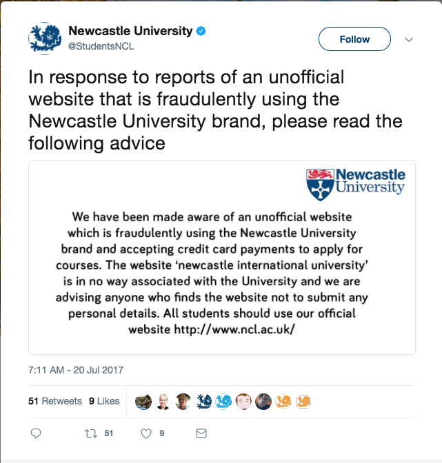 Tweet from the university’s twitter handle