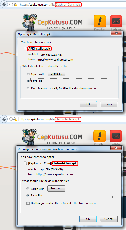 Figure 1 – The malicious app served to a user who thinks they are downloading the Clash of Clans game and the legitimate game served to the same user within the seven day period, respectively.