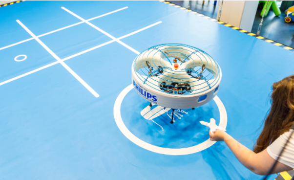 An autonomous BlueJay drone, playing tic-tac-toe with Children at the Maxima Medical Centre, Eindhoven