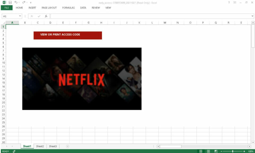 A screenshot of an excel document with the 'Netflix' logo inserted, which was distributed by TA575.