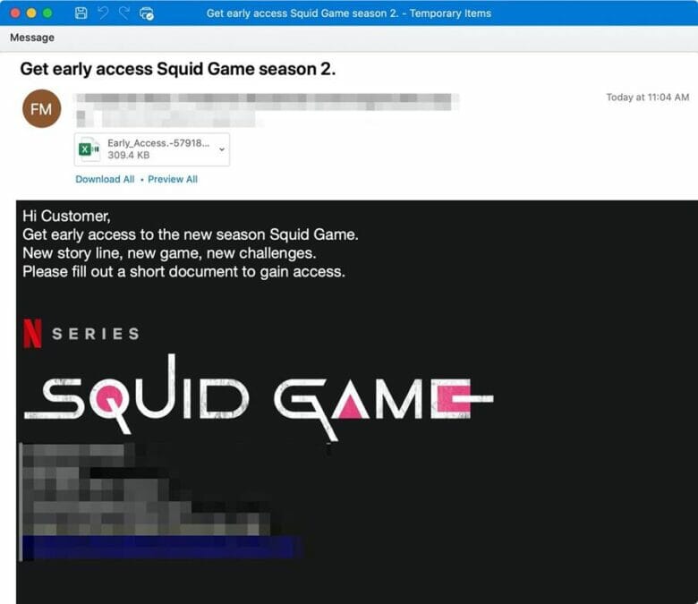 A screenshot of an email distributed by TA575, inviting the target to receive early access to Season 2 of Squid Game.