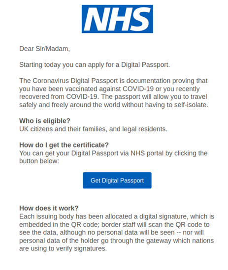 A screenshot of an email claiming to be from the NHS, asking for proof of vaccination.